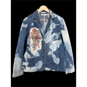 XL Cherub & Rose Bleached Denim Blazer | One-of-One Art Jacket